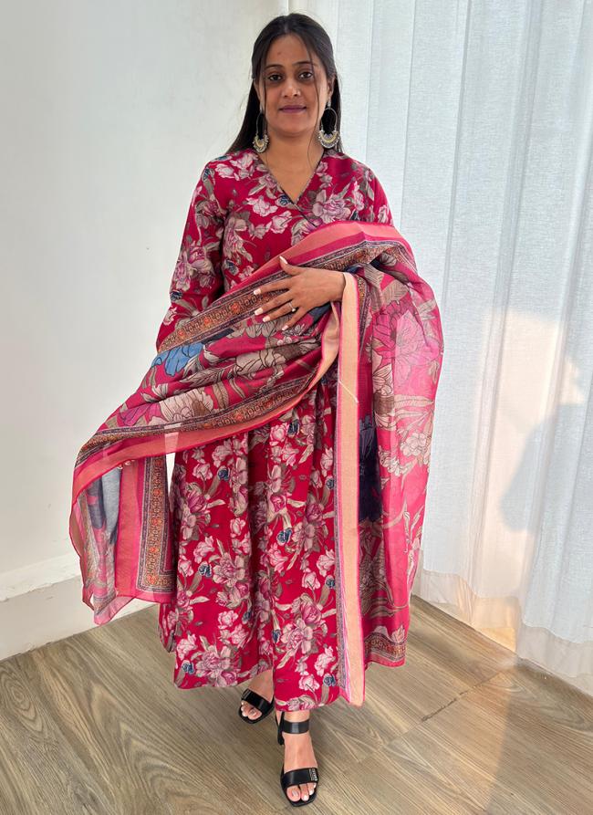 Roman Silk Pink Casual Wear Printed Readymade Gown With Dupatta